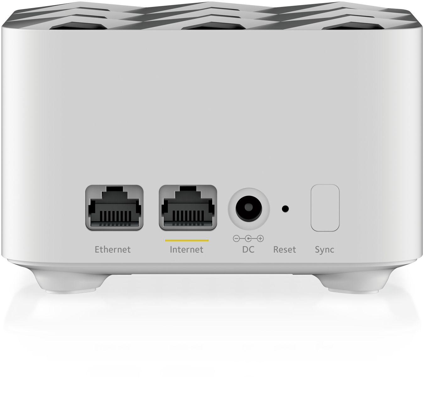 Ein weißer Router mit Ethernet-, Internet-, DC-, Reset- und Sync-Anschlüssen auf der Rückseite. Weiße Basis mit strukturierter Oberseite.