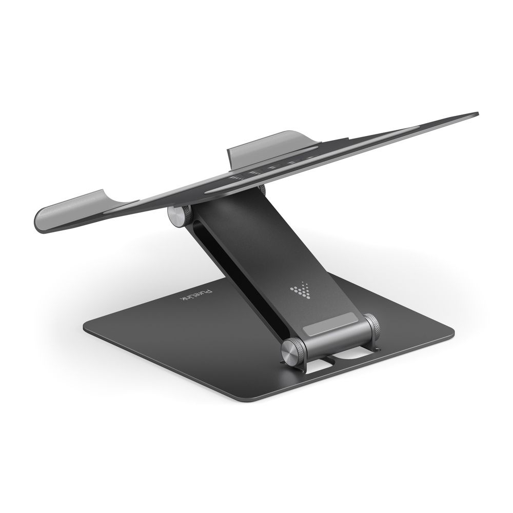 Laptopständer. Graues Metall, abgewinkeltes Design. Weißer Hintergrund.