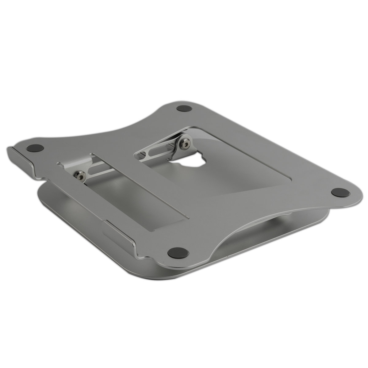 Supporto per laptop argento, piegato. Sfondo bianco.
