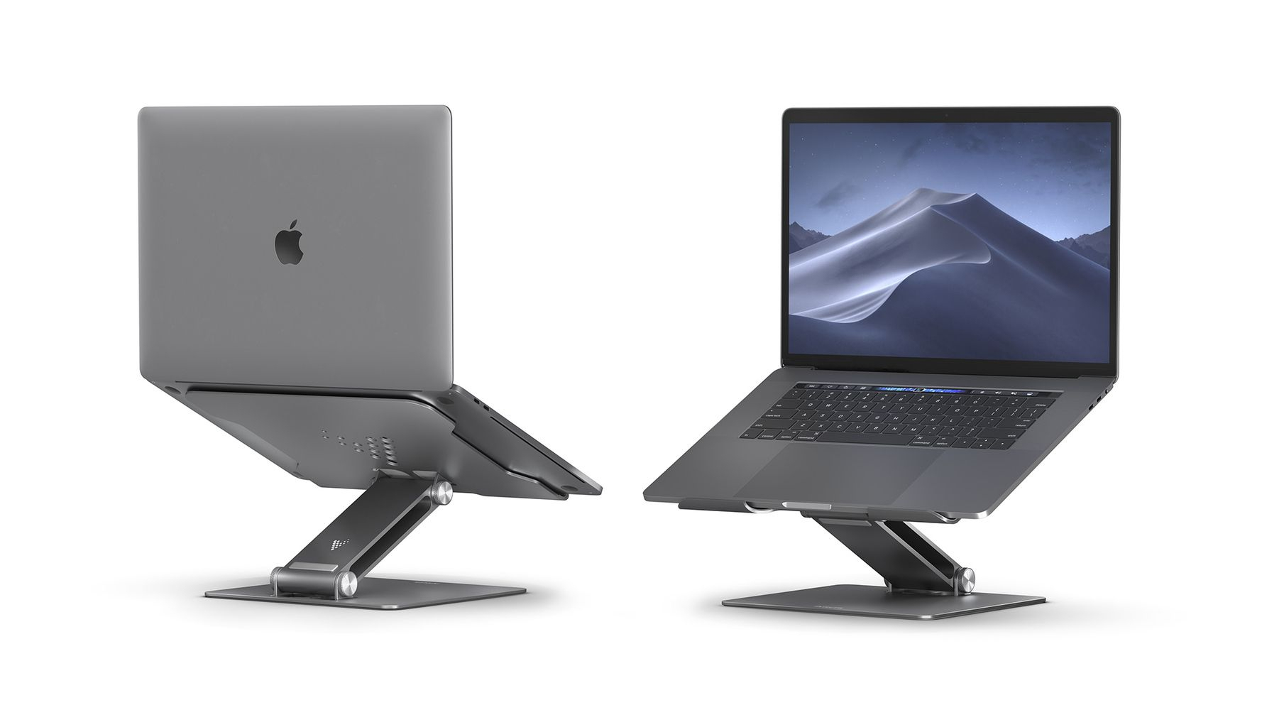 Laptop auf Ständer. Zwei Ansichten: hinten und vorne, graues Metall, weißer Hintergrund.