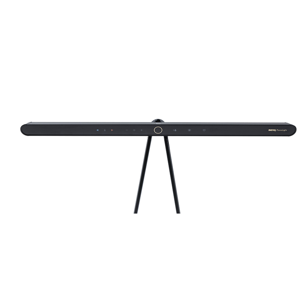 Schwarzes BenQ PianoLight, schwarzer Ständer, verschiedene Bedienelemente, weißer Hintergrund.