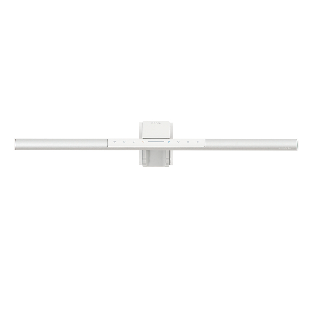 Top-down view of a white monitor light with controls. White background.