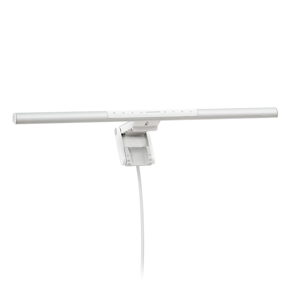 White monitor light with controls, cord, and stand on a white background.