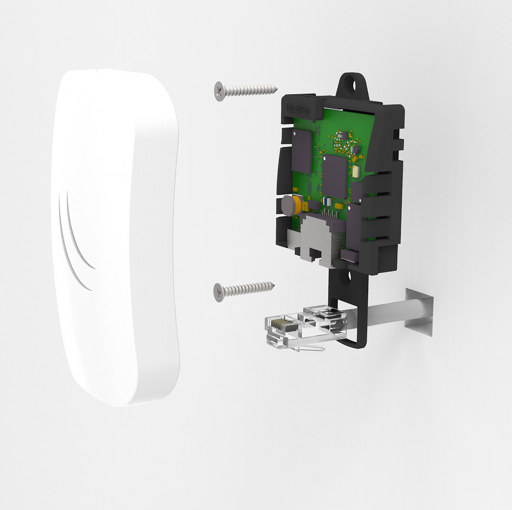 Białe urządzenie montowane na ścianie, częściowo zdemontowane. Białe tło.