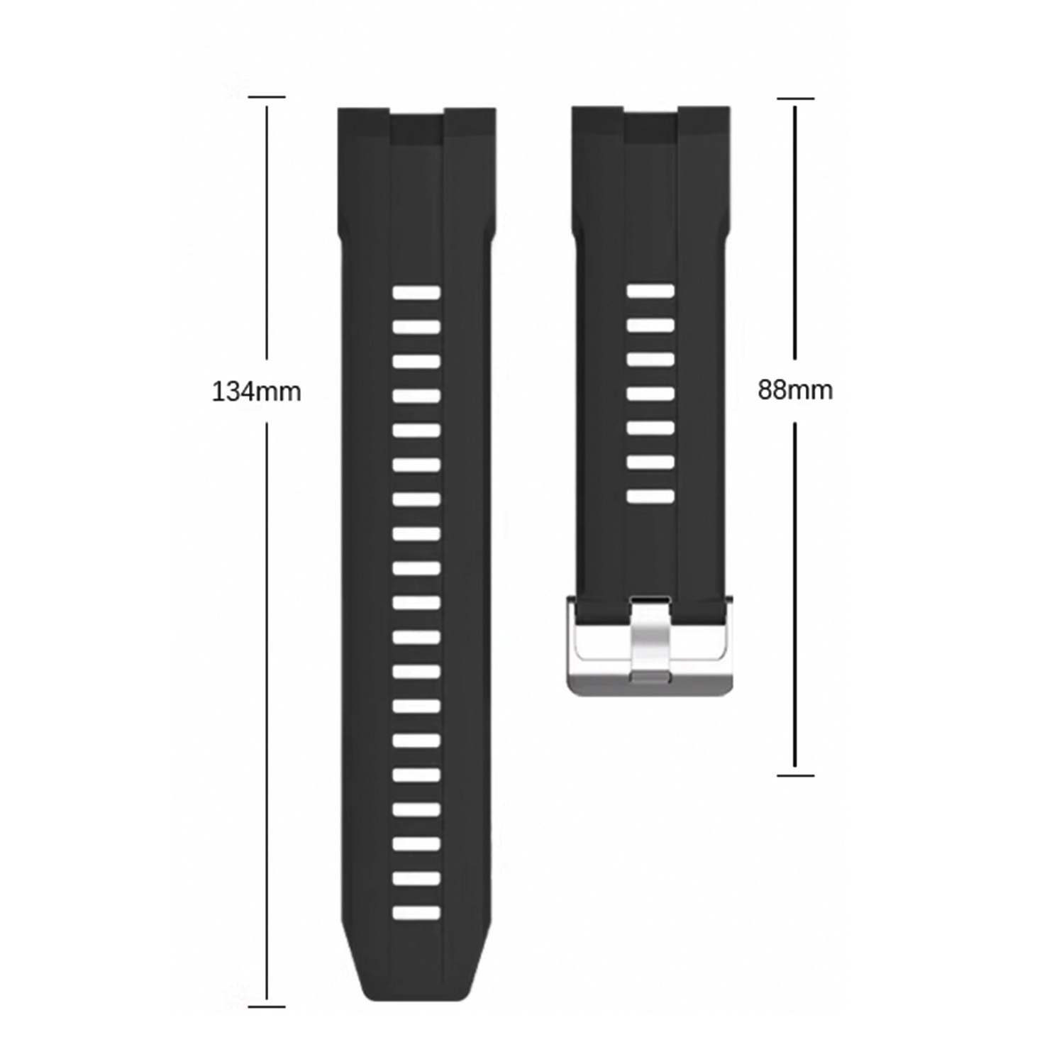 Zwei schwarze Uhrenarmbänder mit Messmarkierungen. Eines misst 134 mm und das andere 88 mm.