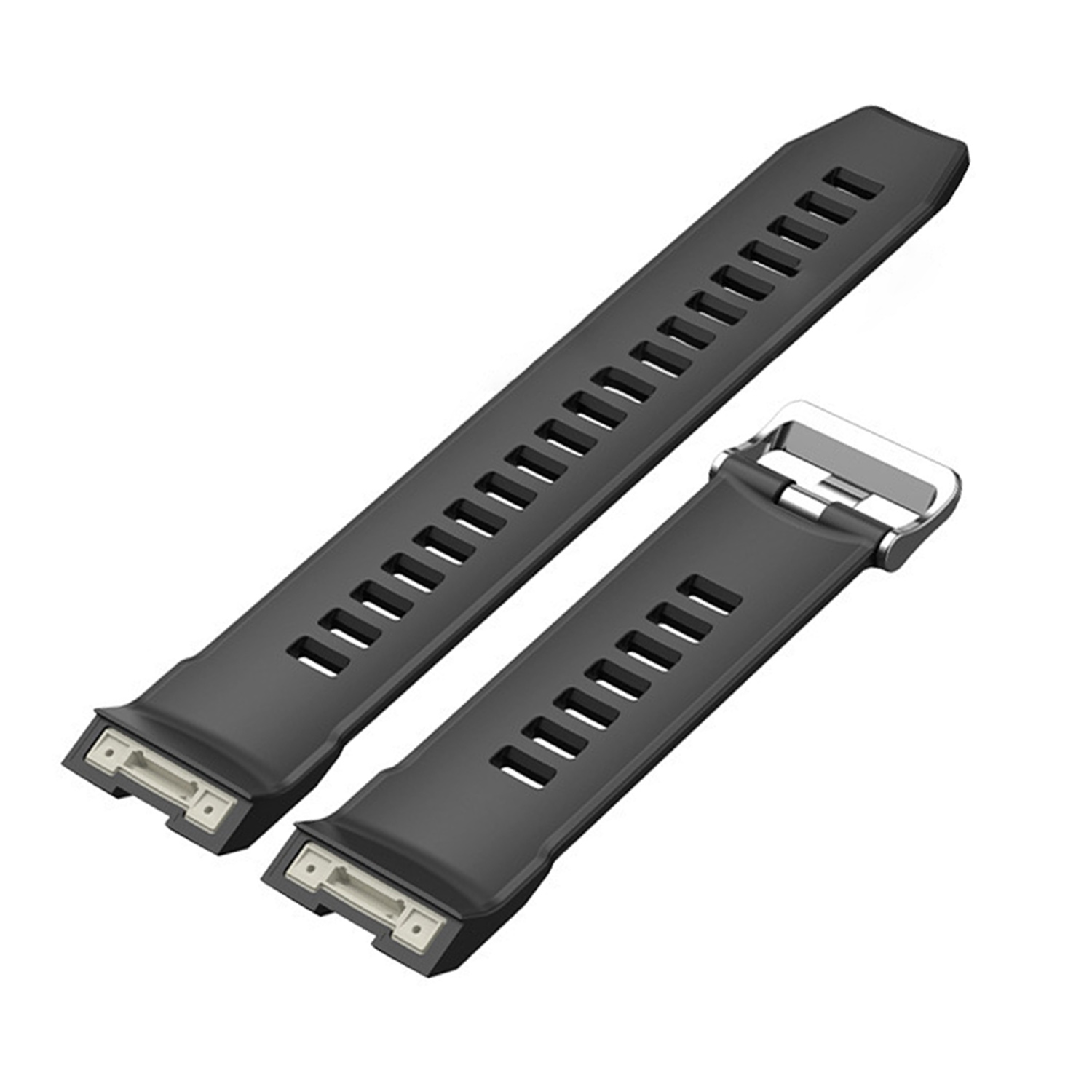 Schwarze Uhrenarmbänder. Eines ist länger und hat Löcher. Weißer Hintergrund, Draufsicht.