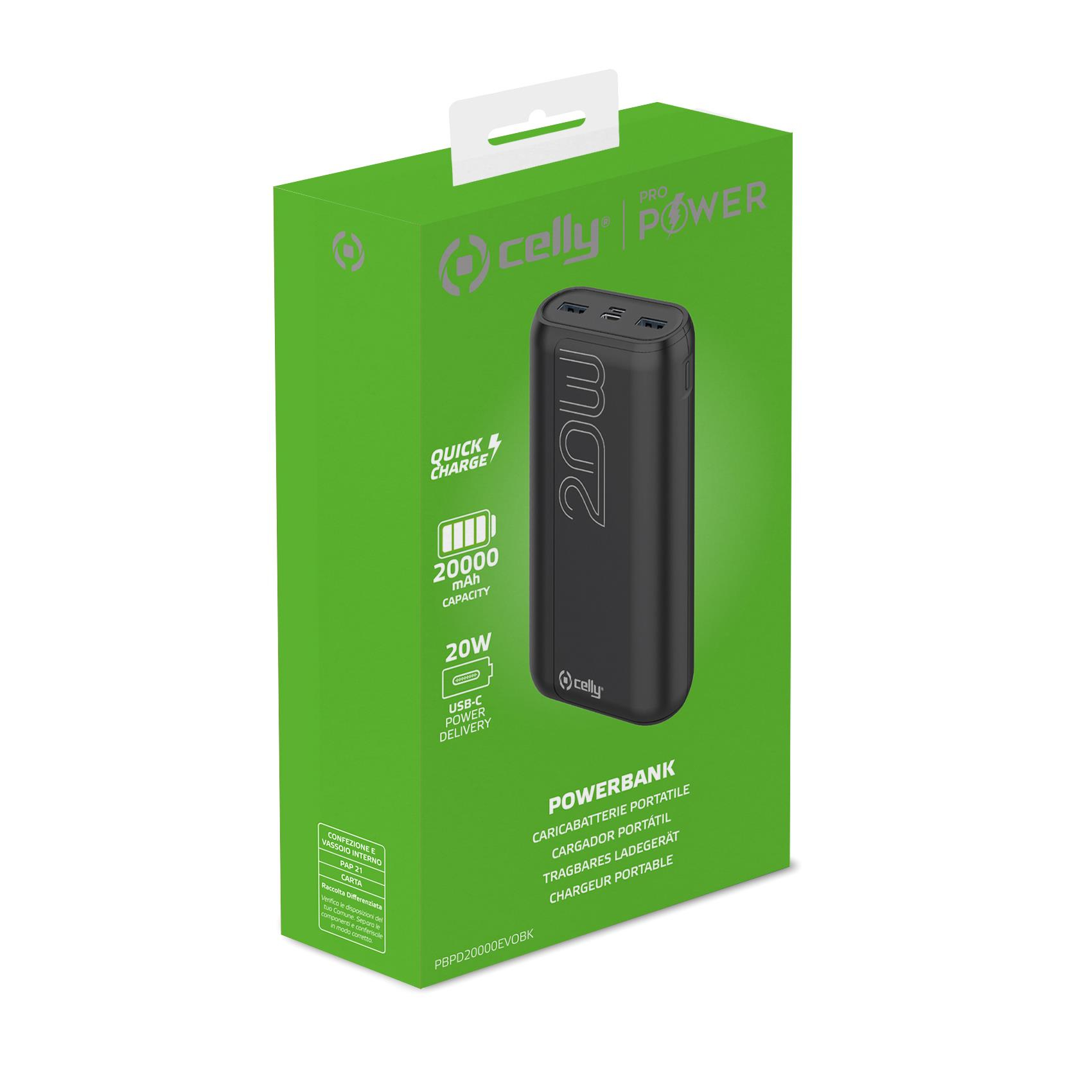 Power bank nero in una scatola verde, marchio Celly, con dettagli e specifiche di ricarica.