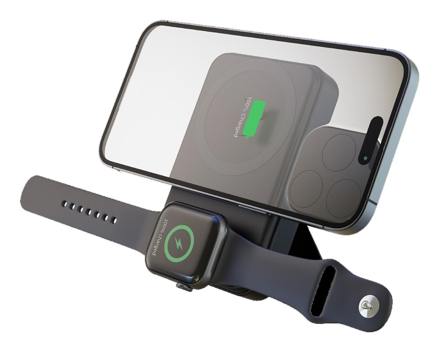 Caricabatterie wireless: Ricarica simultanea di telefono e orologio. Il telefono mostra 100% carica.