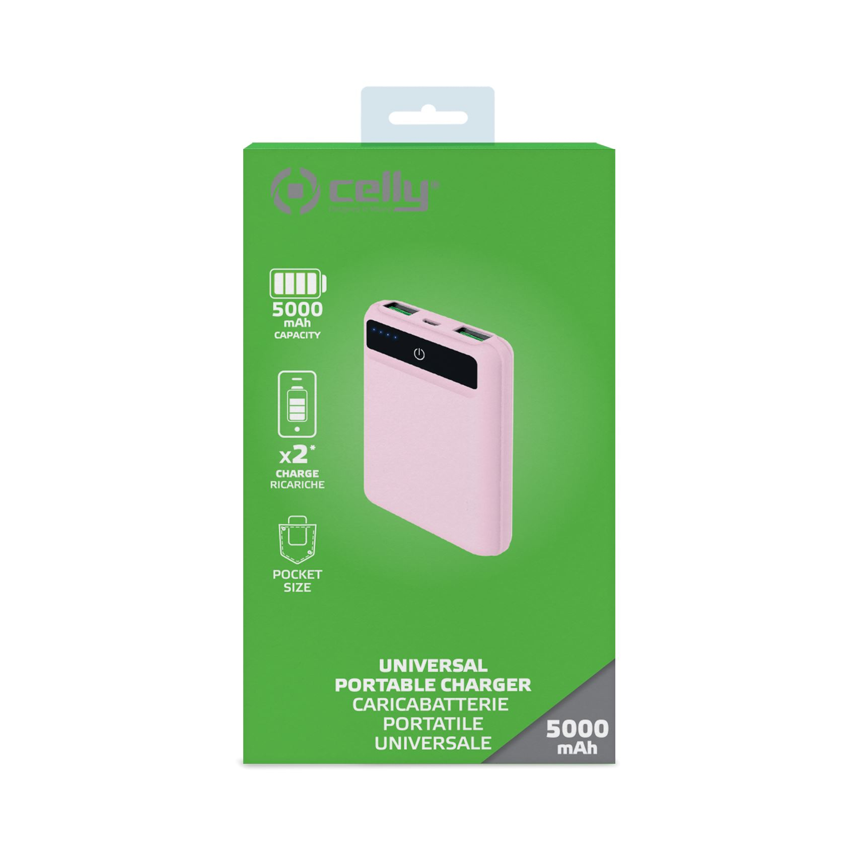 Caricabatterie portatile rosa in una scatola verde. Con il marchio 'Celly' e capacità di carica.