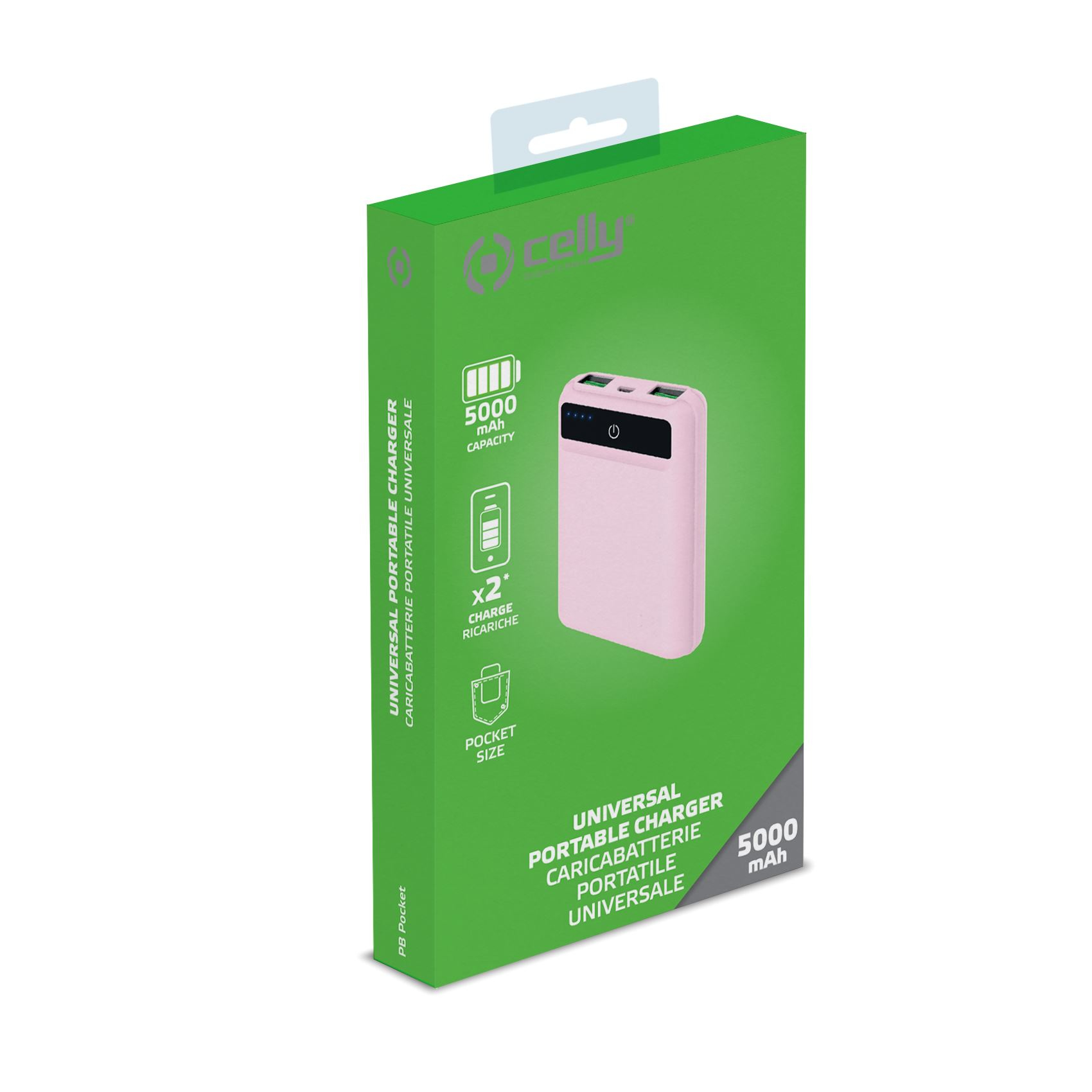 Power bank rosa in una scatola verde. Testo: Caricatore portatile universale. Capacità 5000 mAh. Formato tascabile.