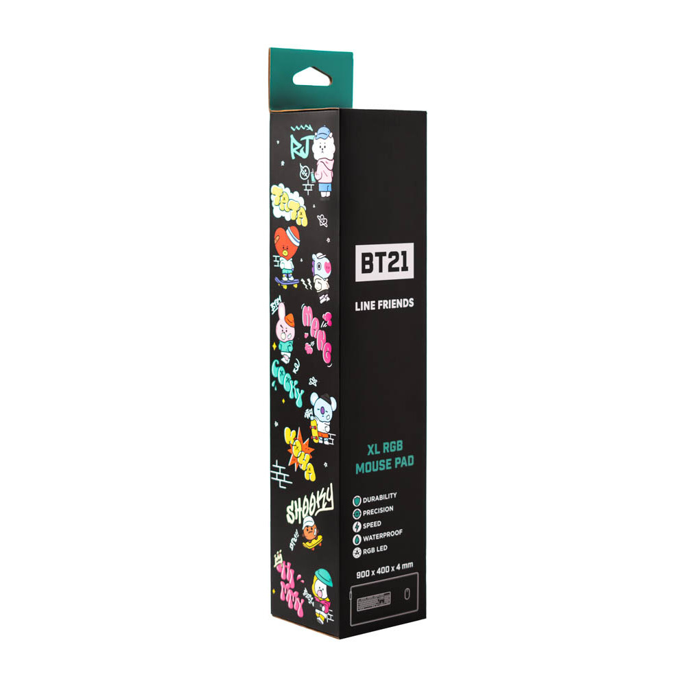 BT21 Mauspad-Box. Schwarz mit bunten Zeichnungen. Enthält Text und Funktionen.