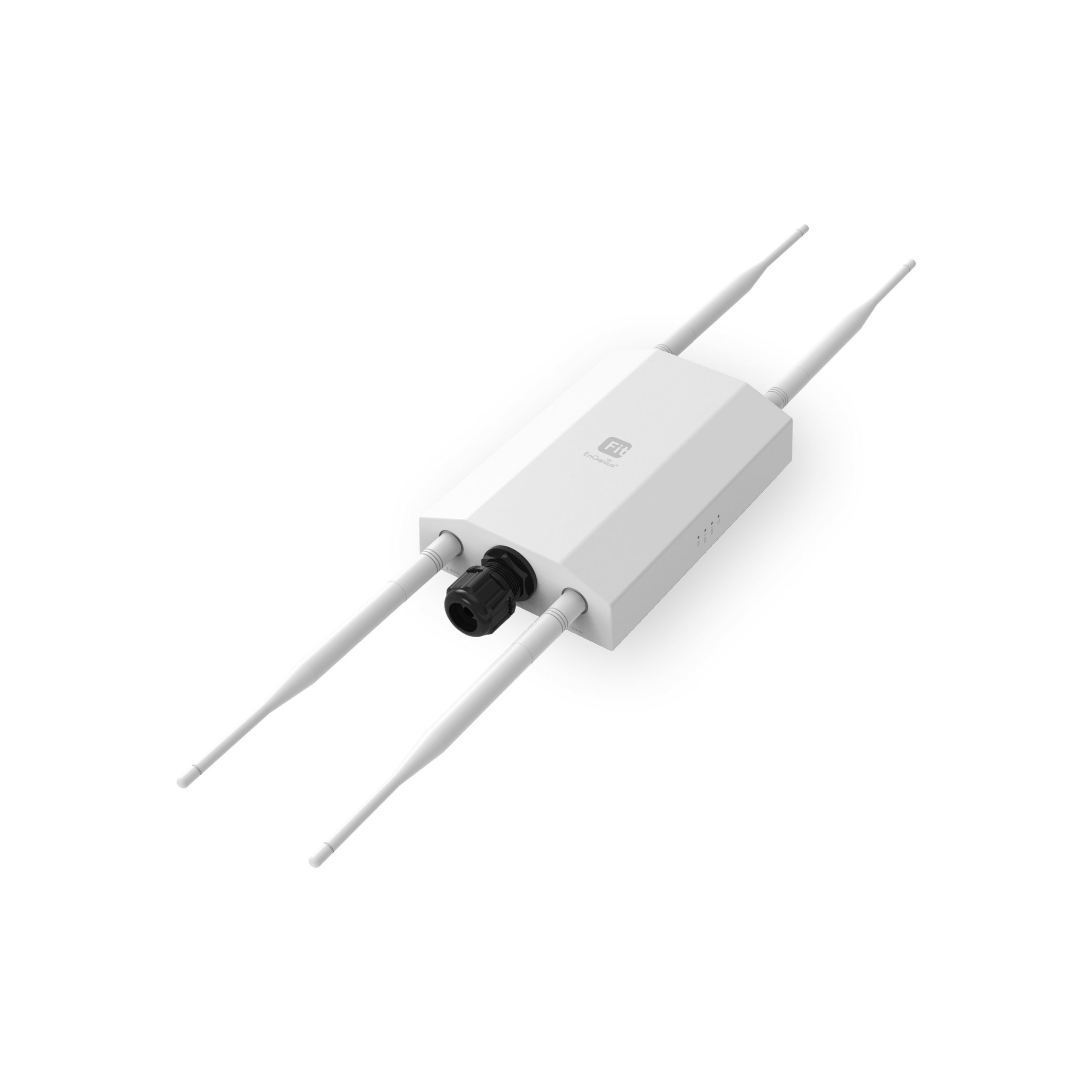 Białe urządzenie sieciowe z dwiema antenami. Ma czarne złącze.