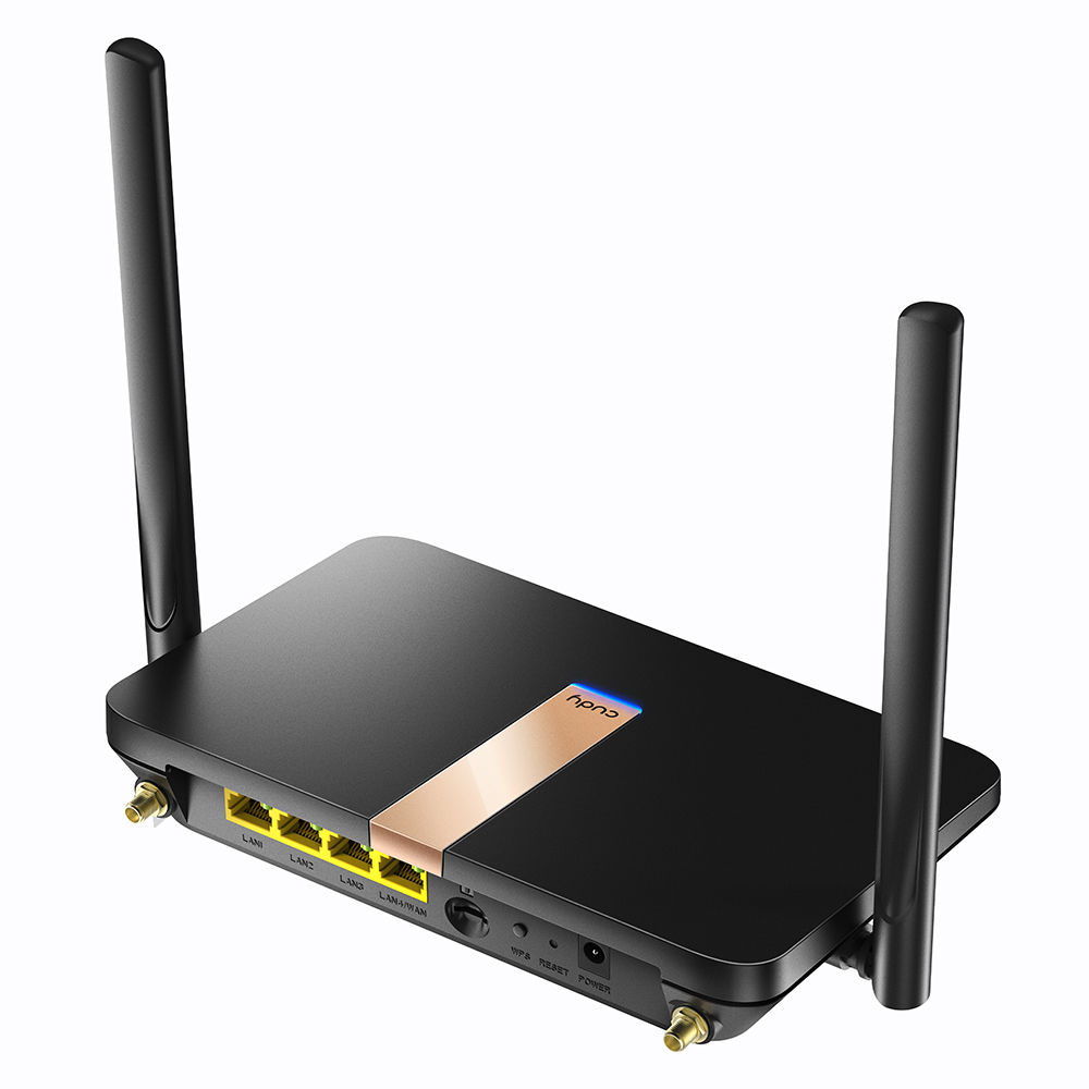 Czarny router z antenami. Posiada porty z tyłu i z przodu oraz złoty pasek.