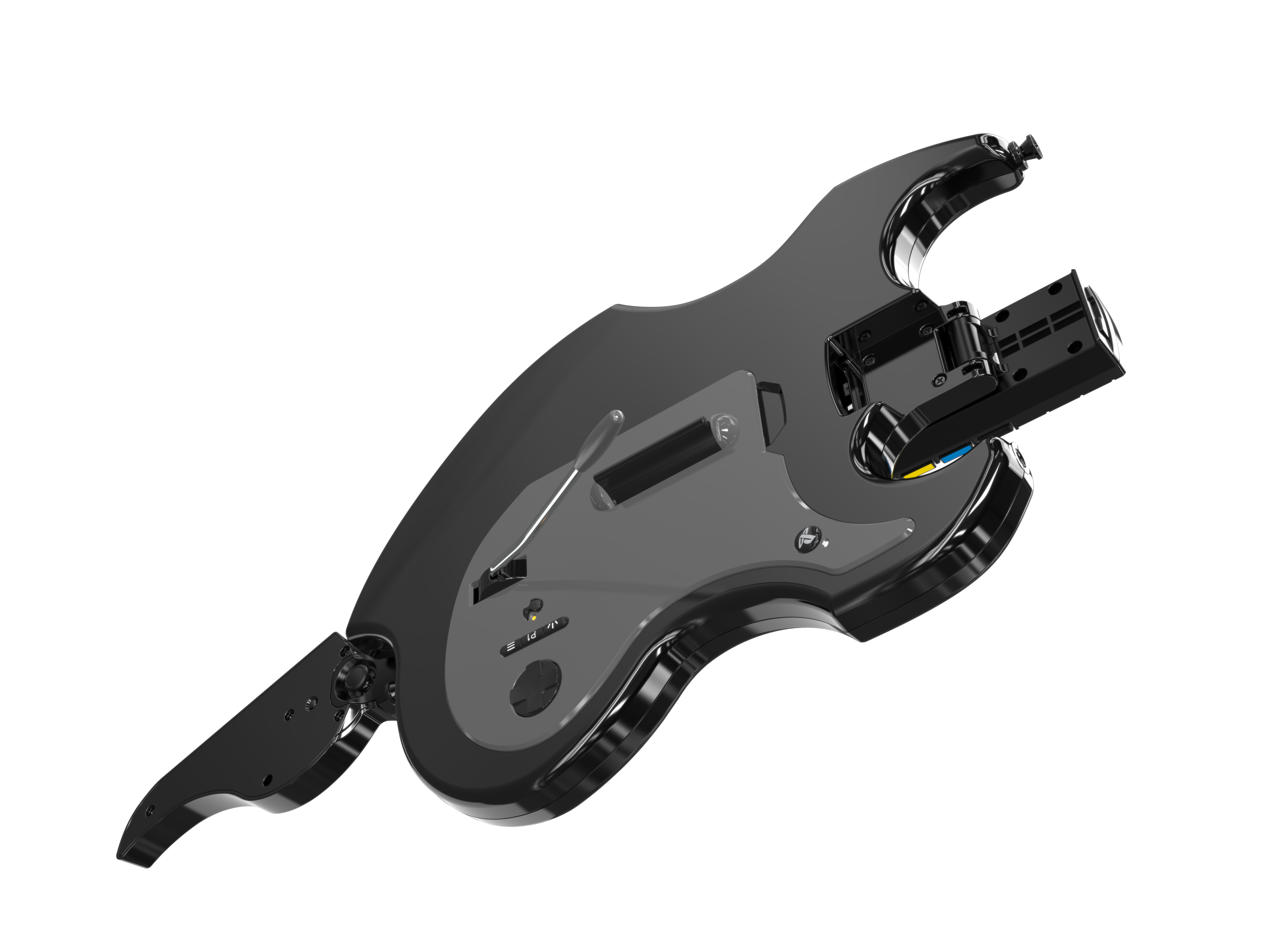 Czarny kontroler gitary z szarym korpusem i przezroczystą plastikową sekcją. Jest na białym tle.