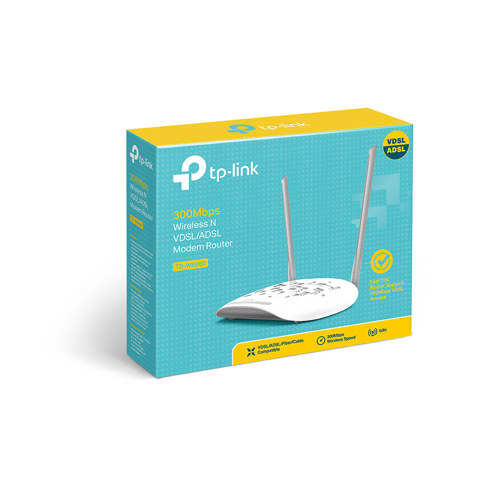 TP-Link logosu ve ürün detayları görüntülenen beyaz ve mavi bir modem yönlendirici kutusu.