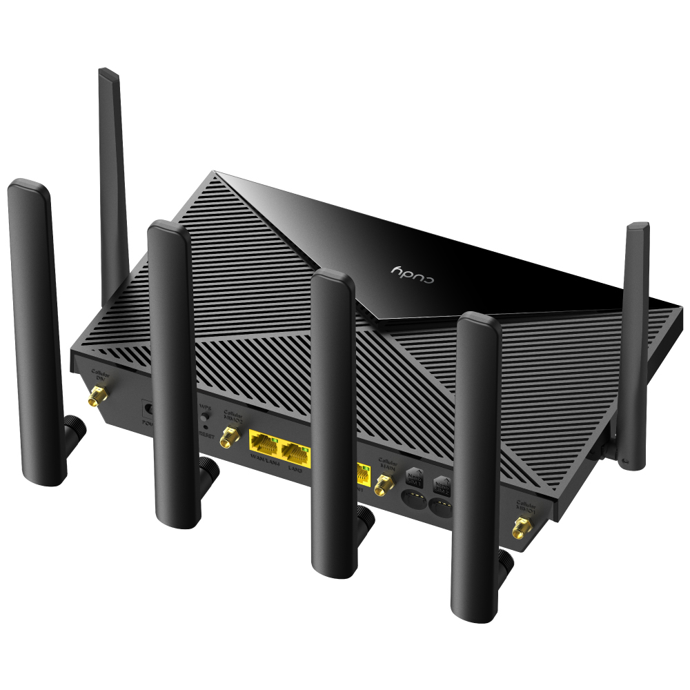 Router nero con antenne multiple, varie porte e un design elegante e angolare.