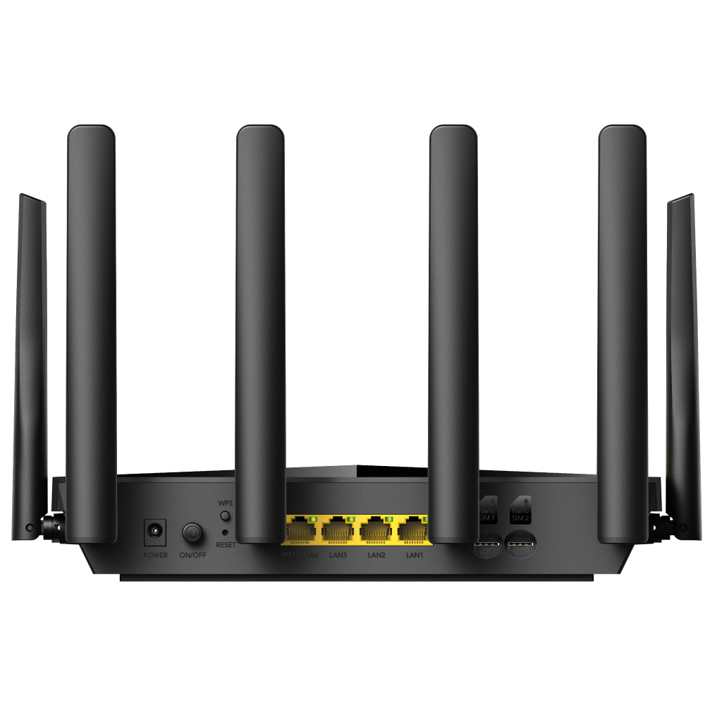 Vista posteriore di un router Wi-Fi nero con antenne e porte. Porte WAN/LAN etichettate visibili.