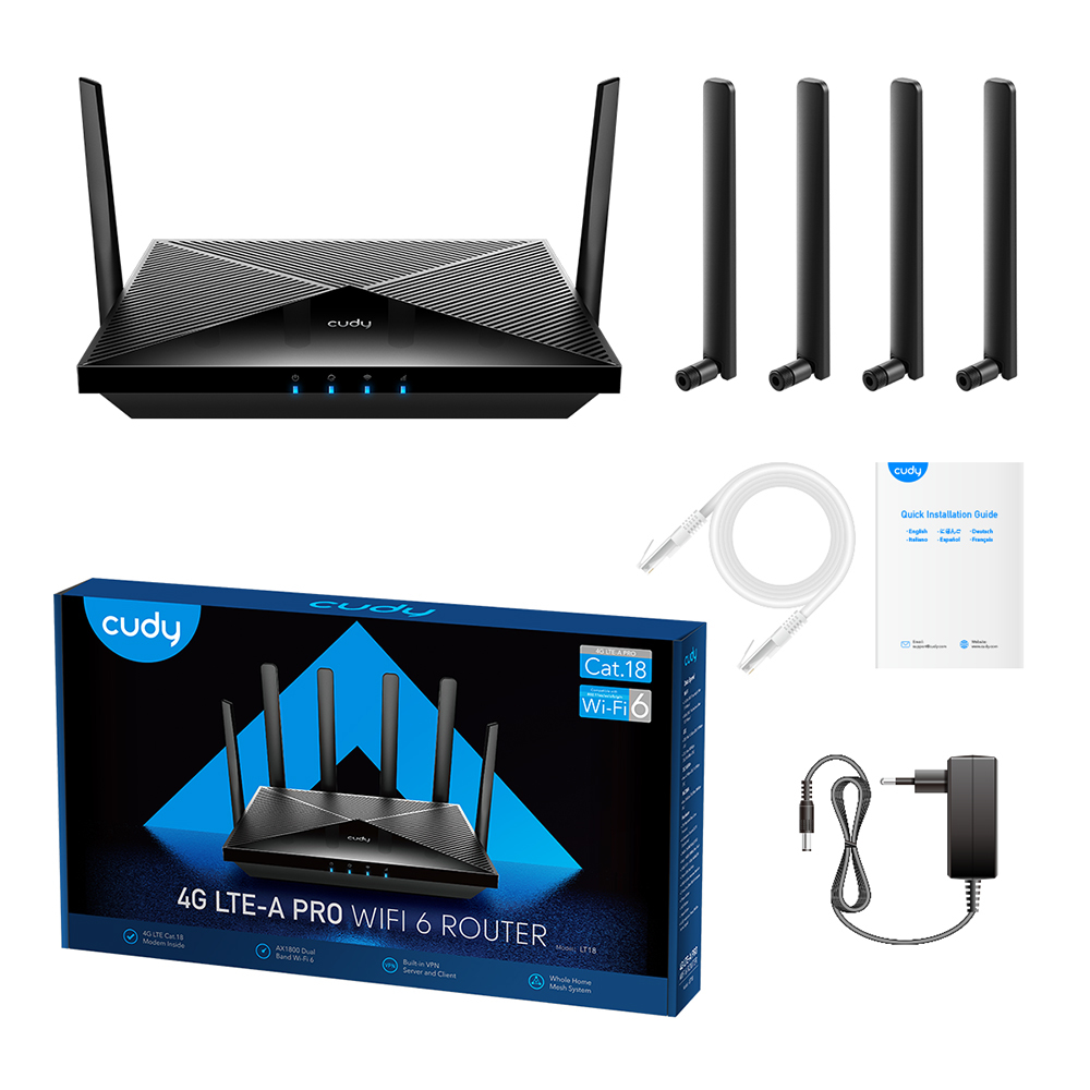 Router Wi-Fi nero e accessori. La scatola mostra l'immagine del router. Cavi inclusi.