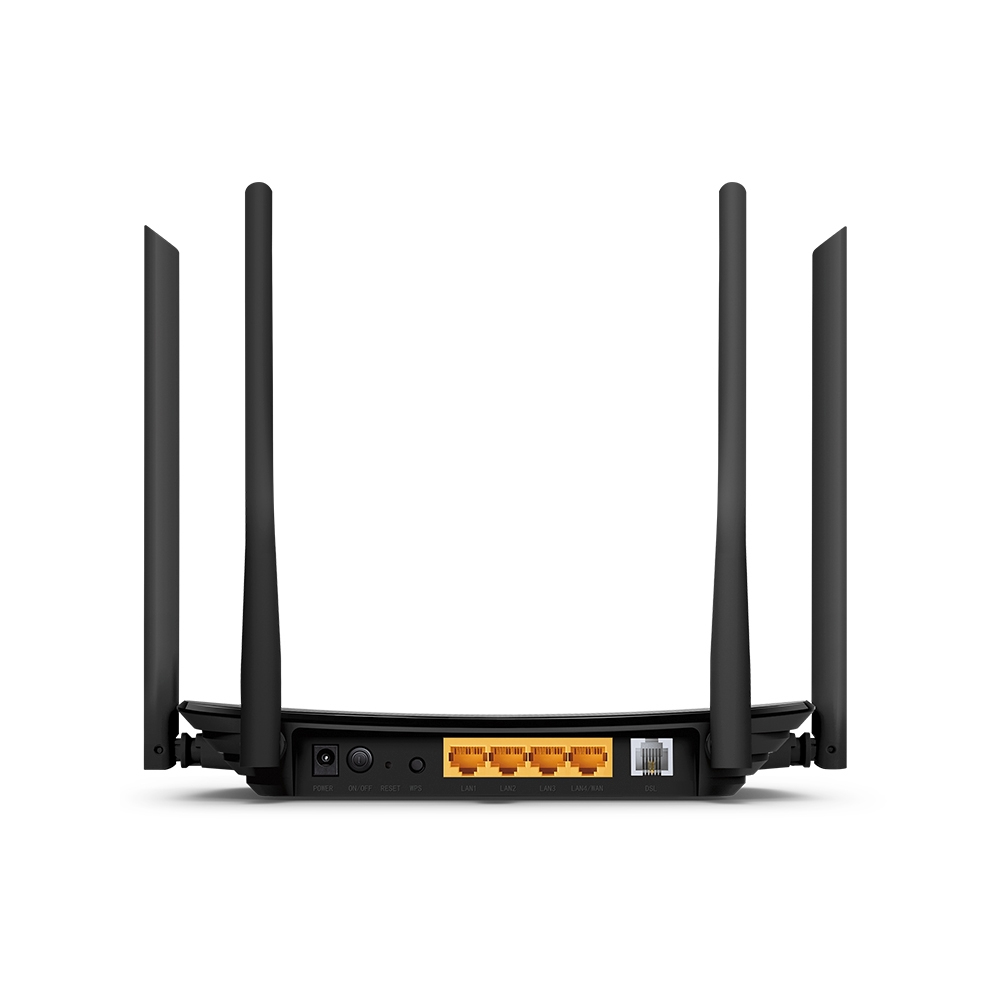 Routeur noir avec quatre antennes, ports et boutons d'alimentation. Fond blanc.