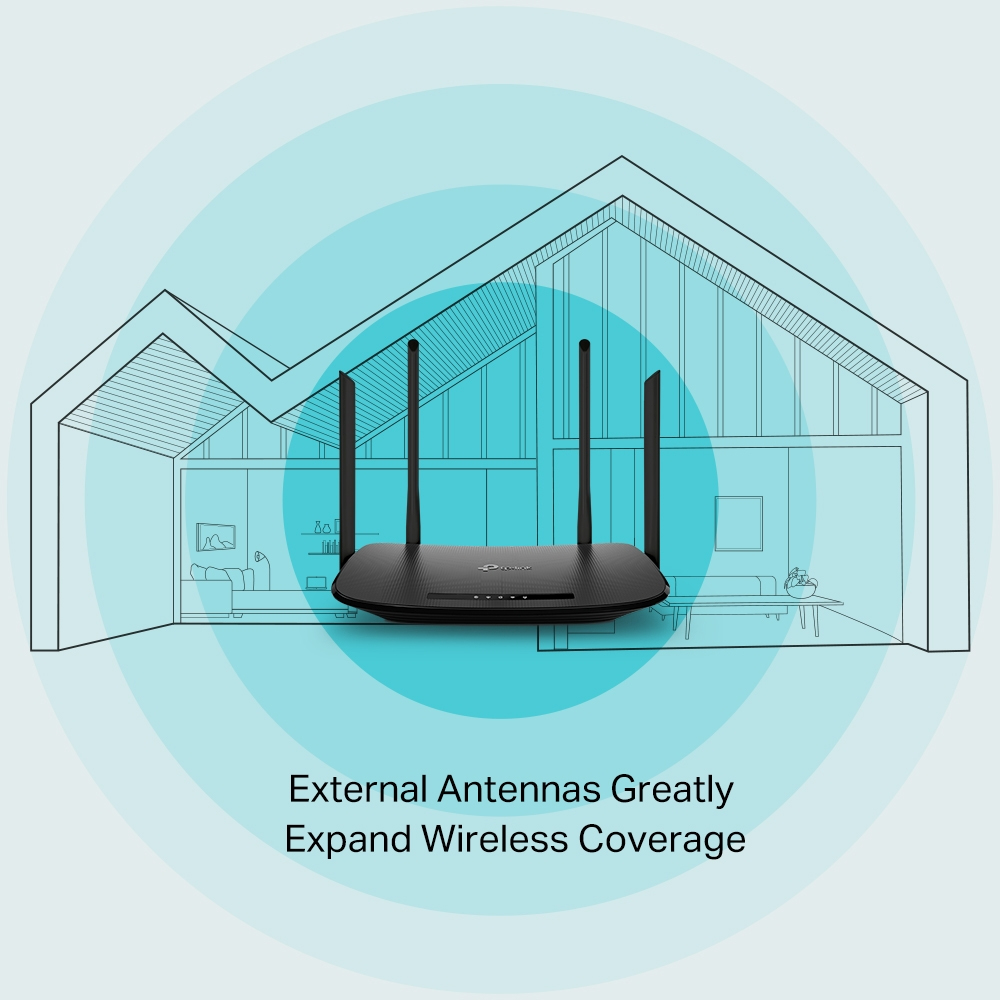 Routeur avec deux antennes, placé à l'intérieur d'un contour de maison.