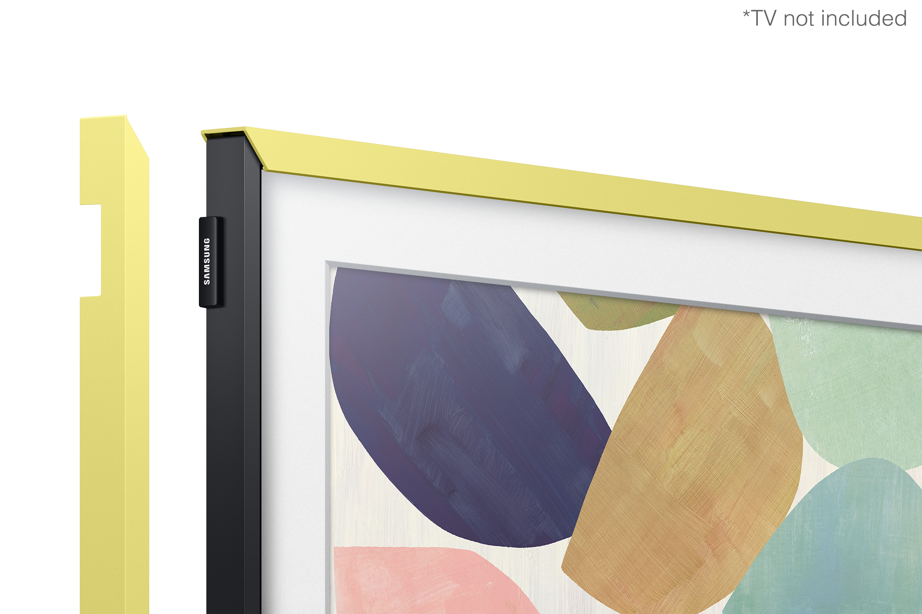 Gelber Samsung TV-Rahmenrand, schwarzes Samsung-Logo, Kunstwerk im Inneren.