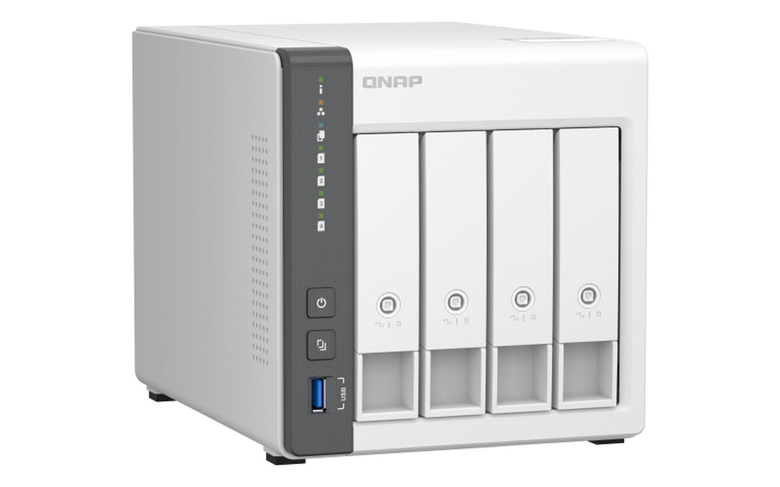 Weißer QNAP NAS-Server mit 4 Laufwerksschächten und einem schwarzen Bedienfeld. Er hat Status-LEDs und einen USB-Anschluss.