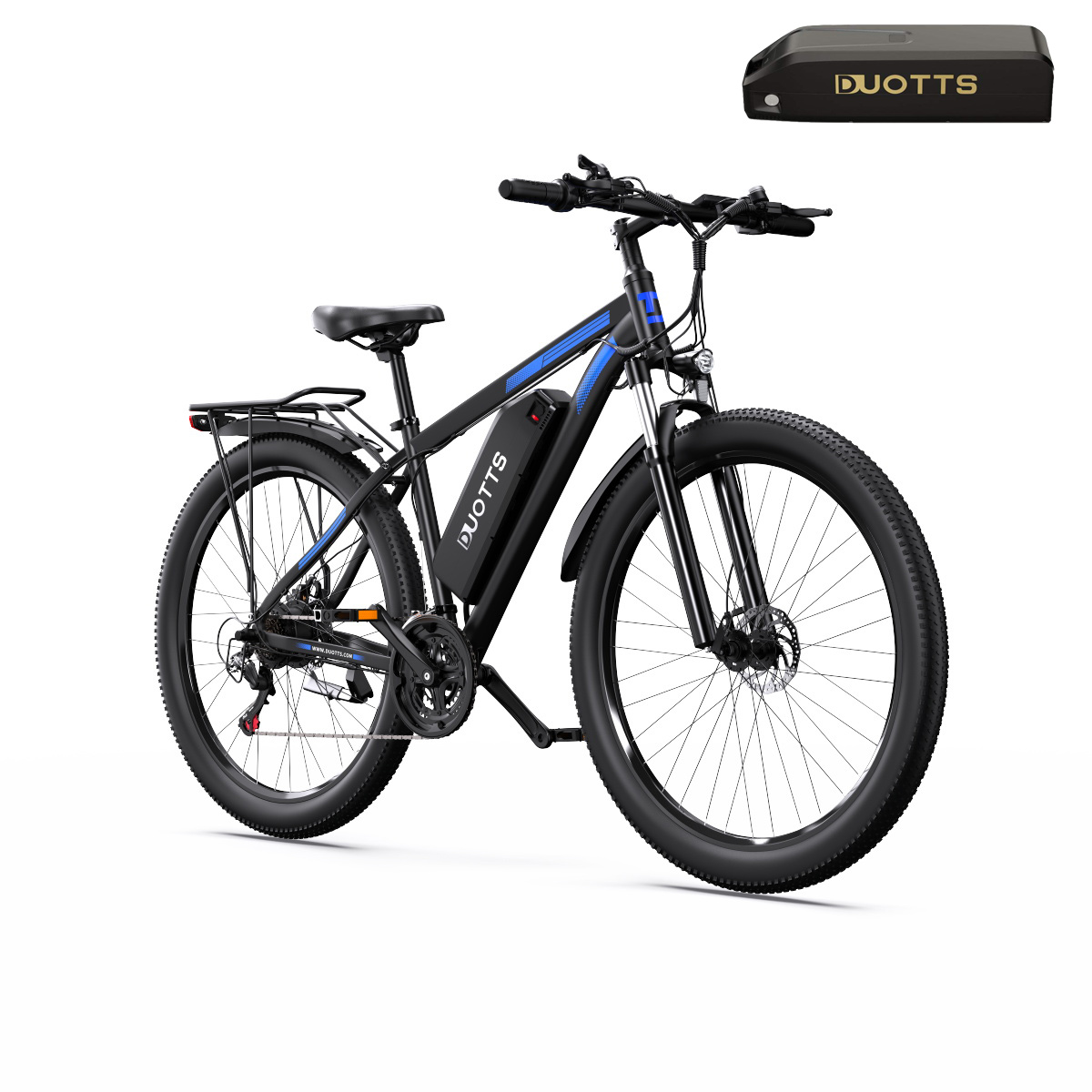 Bicicleta eléctrica negra con batería y fondo blanco.