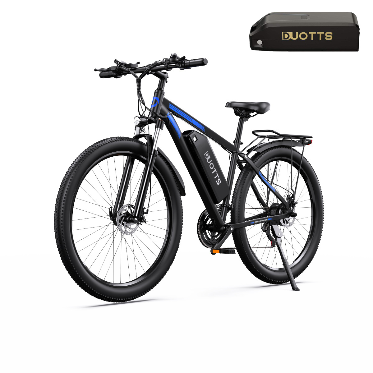 Schwarzes und blaues Elektrofahrrad. DUOTTS-Logo auf dem Fahrrad. Schwarzer Akku oben. Weißer Hintergrund.