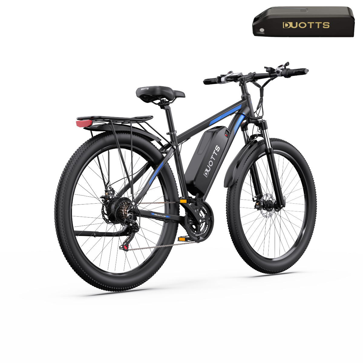 Bicicleta eléctrica negra y azul. Batería en el cuadro. Fondo blanco.