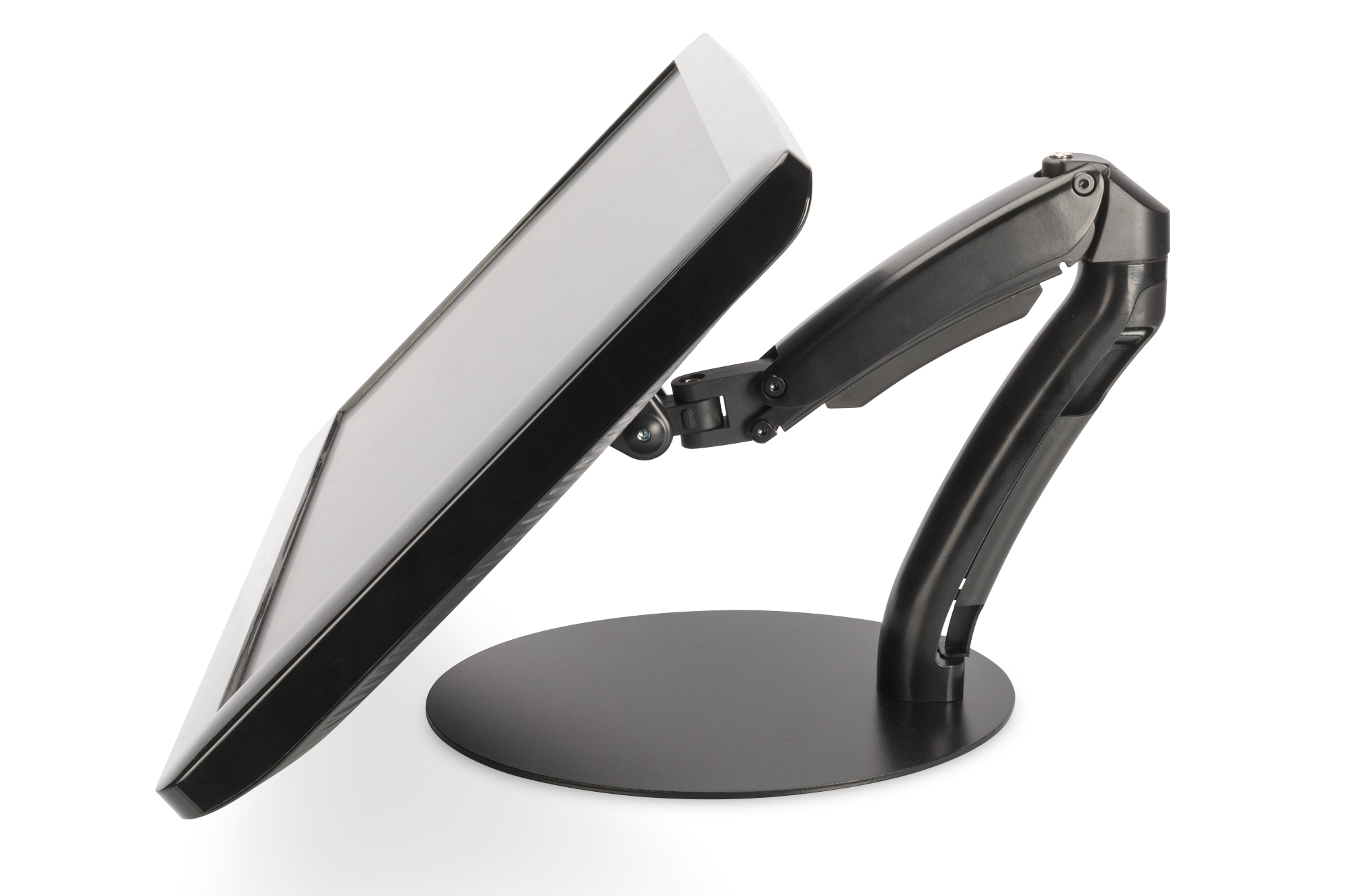 Monitor on a stand. The monitor is angled towards the left. The stand is black and circular.