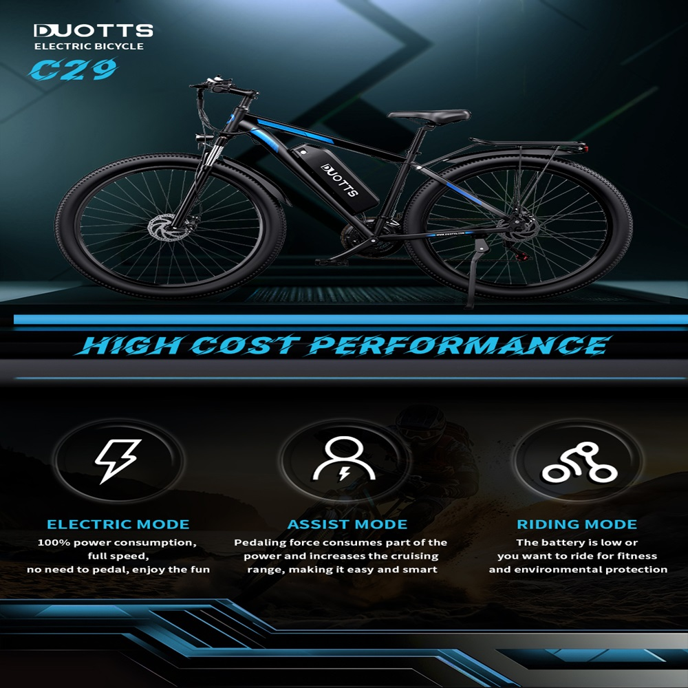 Bicicleta eléctrica con texto sobre modos eléctrico, asistencia y conducción.