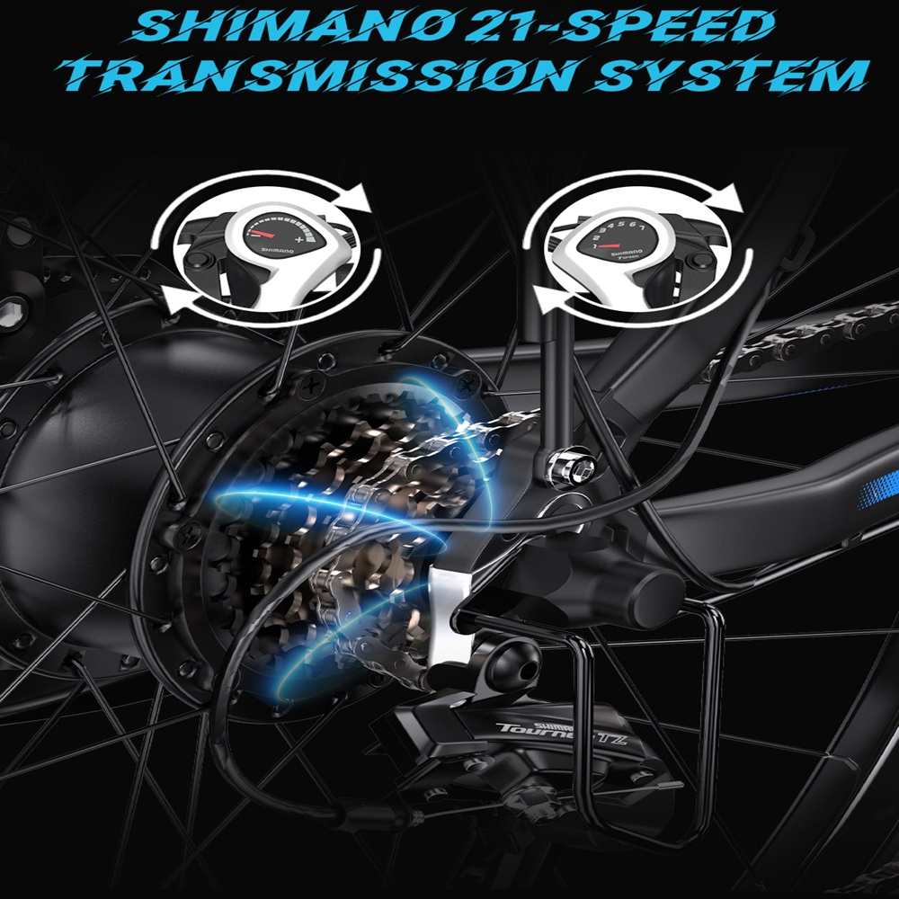Primer plano de la rueda trasera y sistema de transmisión de una bicicleta, Shimano.