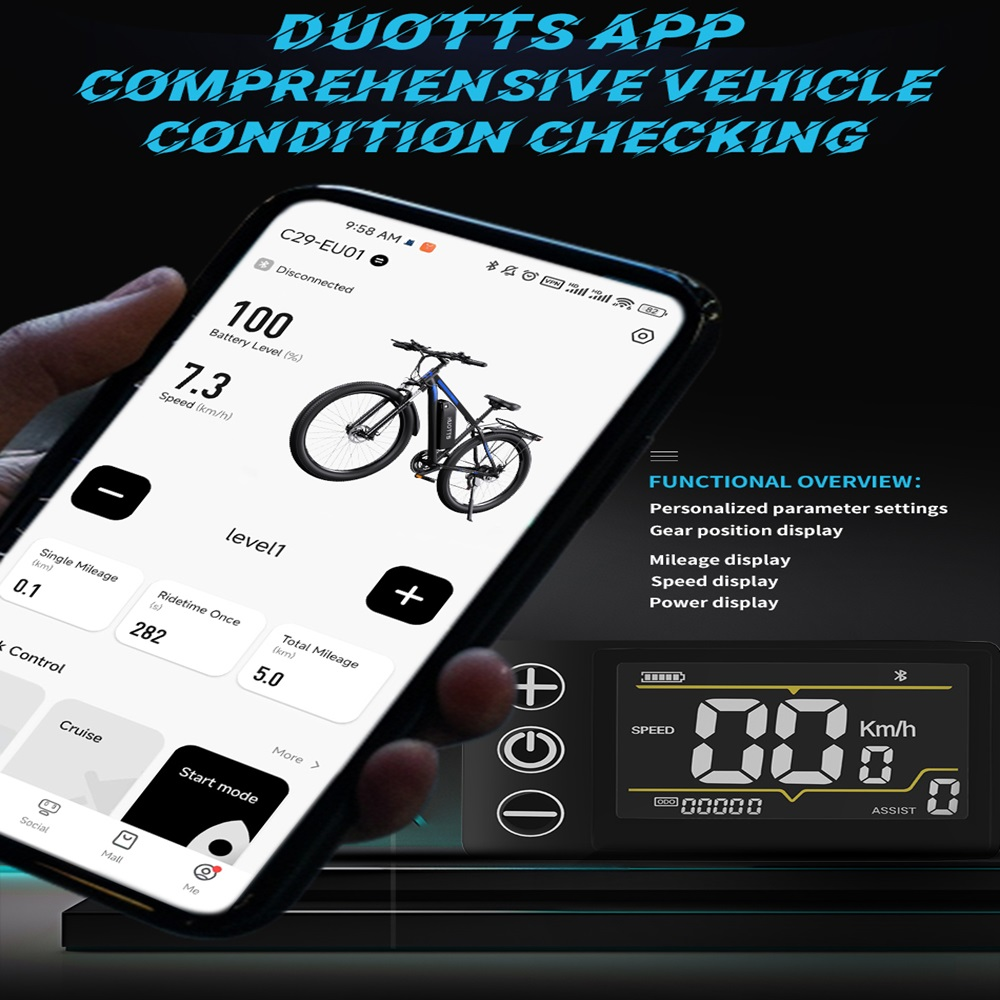 Un teléfono muestra una interfaz de aplicación sobre una bicicleta. Una segunda pantalla muestra datos de la bicicleta.