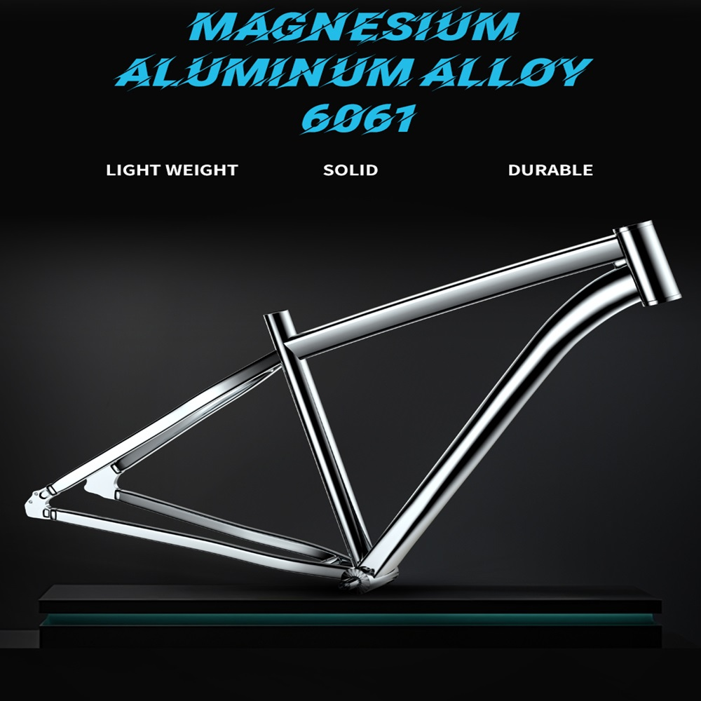 Un cuadro de bicicleta plateado, con texto: aleación de magnesio y aluminio.
