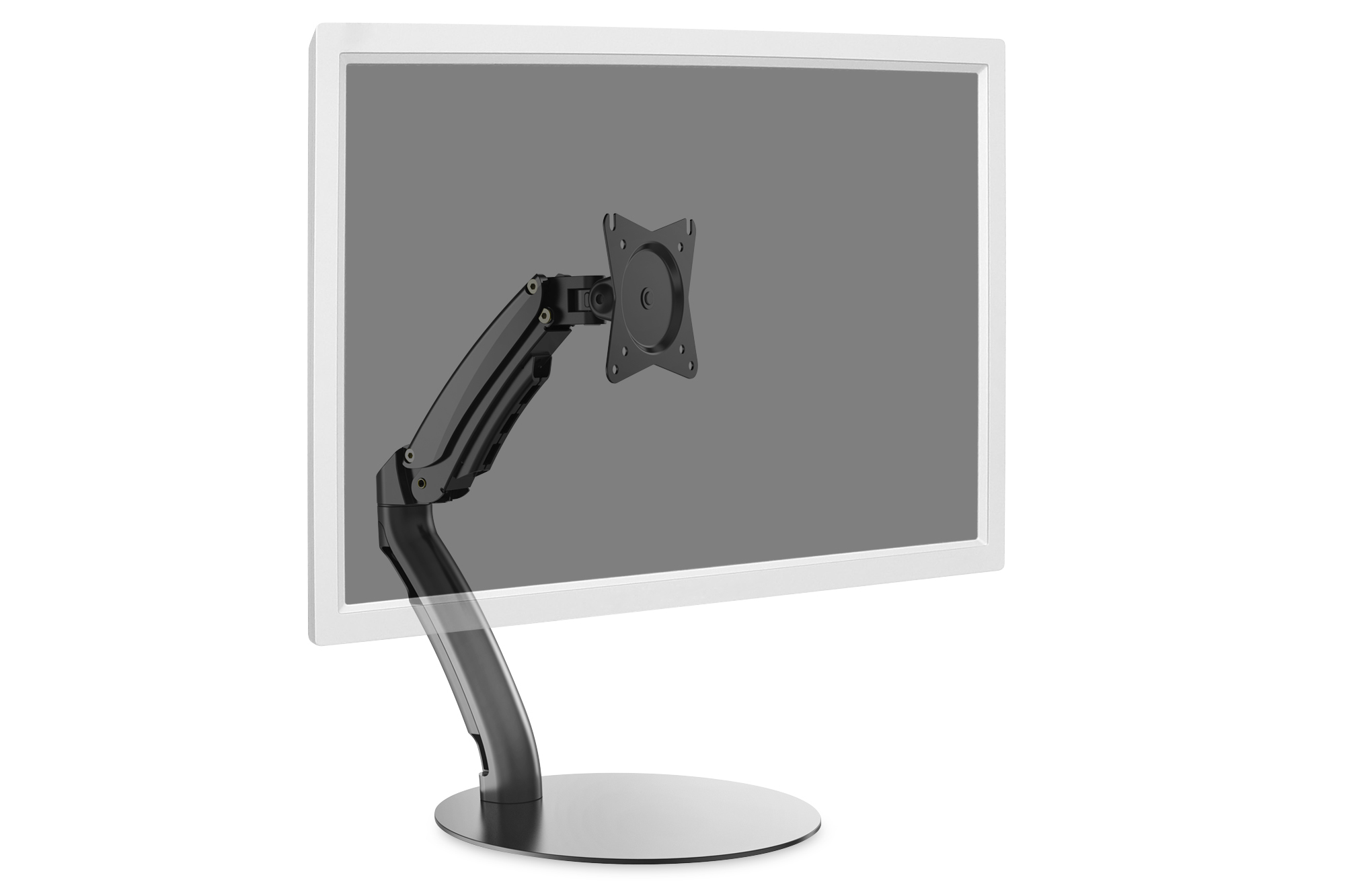 Computer monitor with a white frame and a black arm attached to the back. Gray screen.