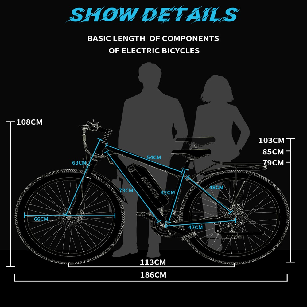 Diagrama de una bicicleta eléctrica con dimensiones y siluetas humanas. Fondo negro.