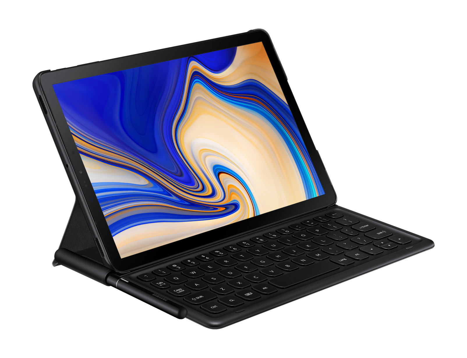Ein schwarzes Tablet mit Tastatur und Stift, auf einer weißen Oberfläche, aus einem Winkel.