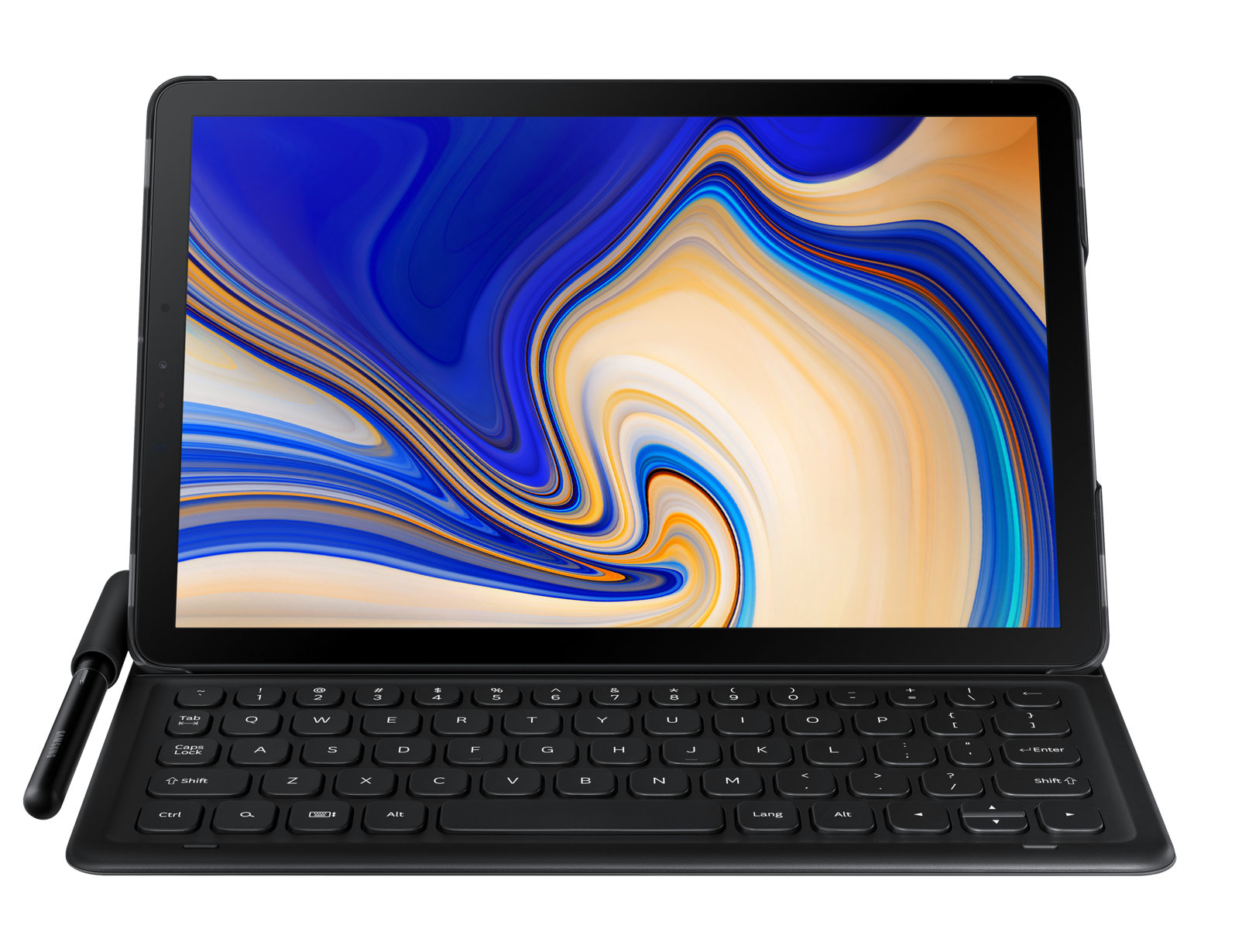 Schwarzes Tablet mit Tastaturabdeckung und Stift. Das Display zeigt ein farbenfrohes Bild. Weißer Hintergrund.