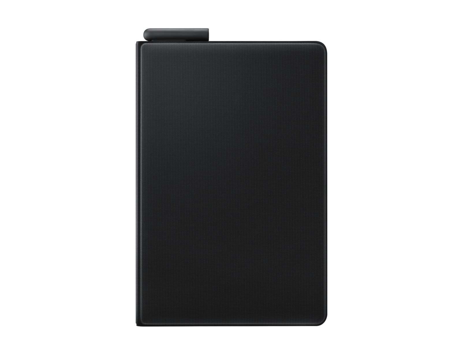 Schwarze Tablethülle. Die Hülle ist strukturiert. Oben ist eine kleine schwarze Klappe sichtbar. Weißer Hintergrund.