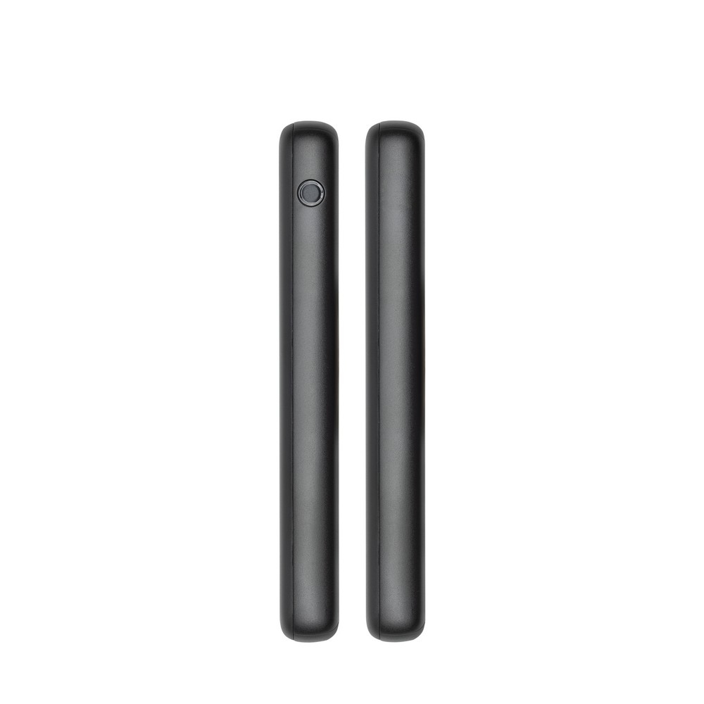 Due power bank neri, rettangolari, affiancati. Ognuno ha un piccolo pulsante circolare su un'estremità.