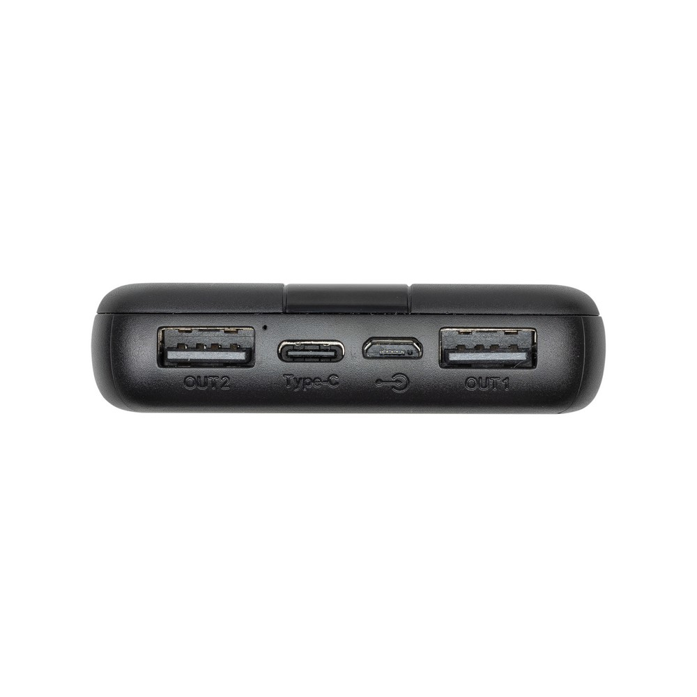 Power bank nera con più porte: due USB, una Type-C e una micro-USB. Pulsanti visibili.