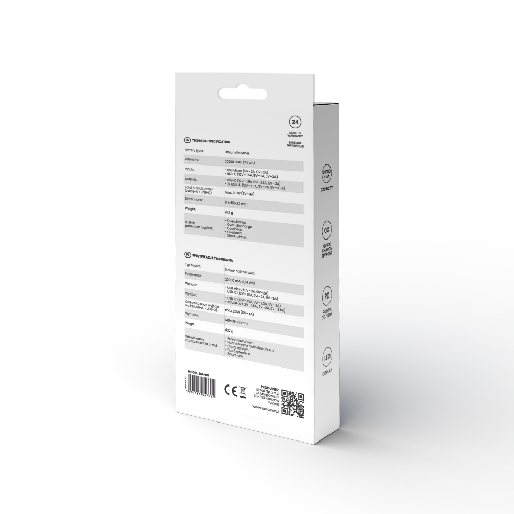 Białe opakowanie produktu z tekstem i szczegółami. Opakowanie jest przeznaczone do power banku.