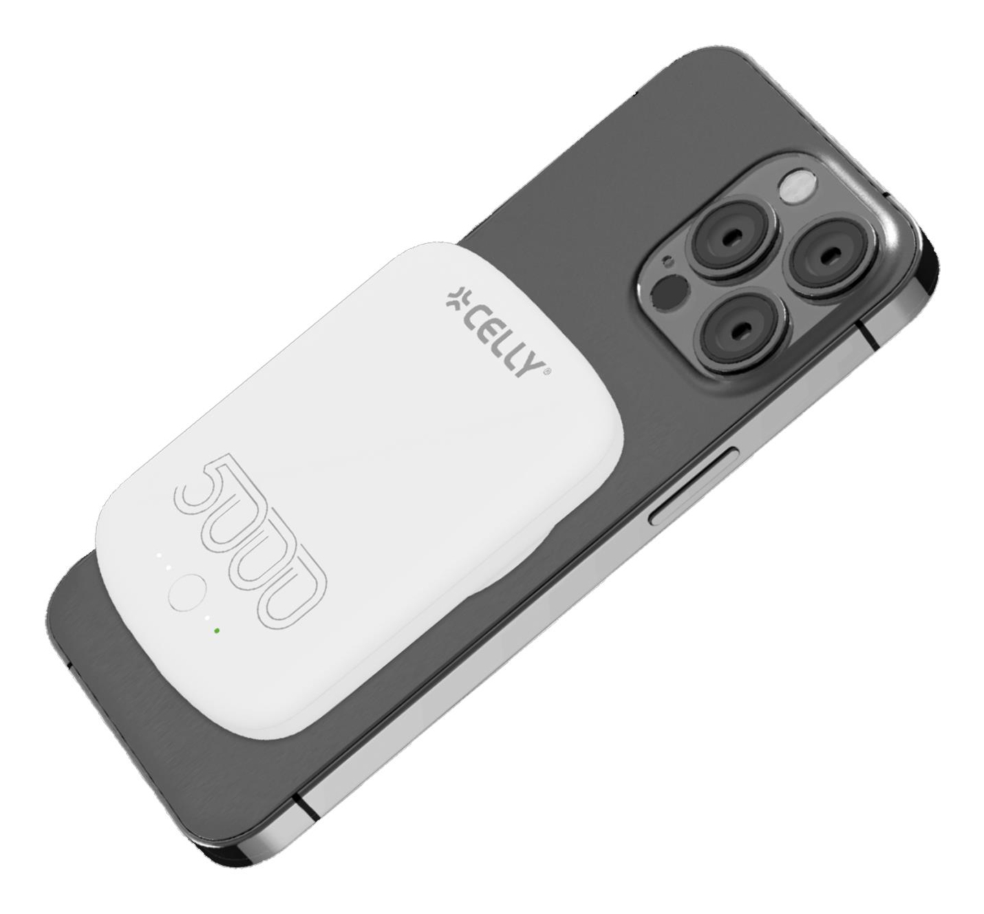 Power bank Celly bianca collegata a un telefono grigio scuro. Il testo "5000" è stampato sulla banca.