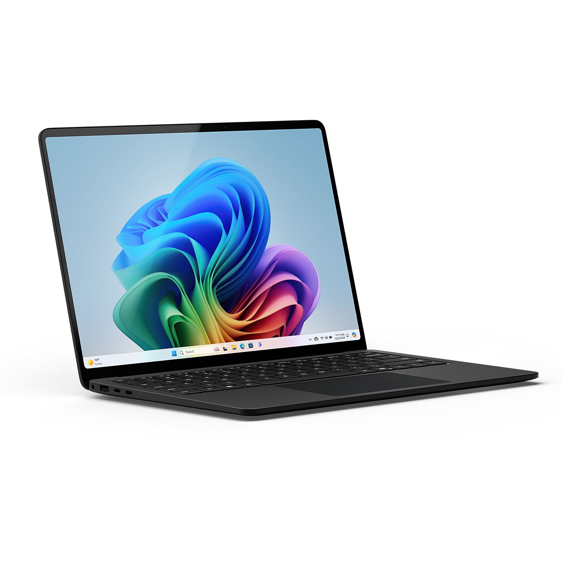 Czarny laptop z kolorowym wyświetlaczem. Białe tło. Laptop jest otwarty.