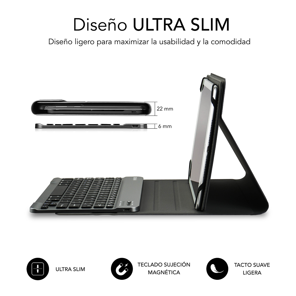Tableta con funda de teclado abierta, mostrando texto sobre diseño y características.