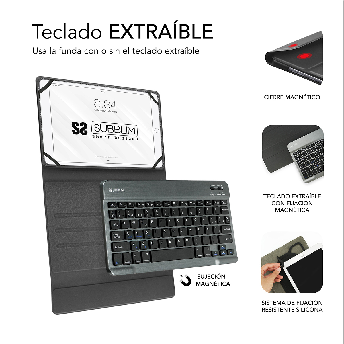 Tableta con teclado y funda, con texto en español. Se muestra el sistema de fijación magnética.