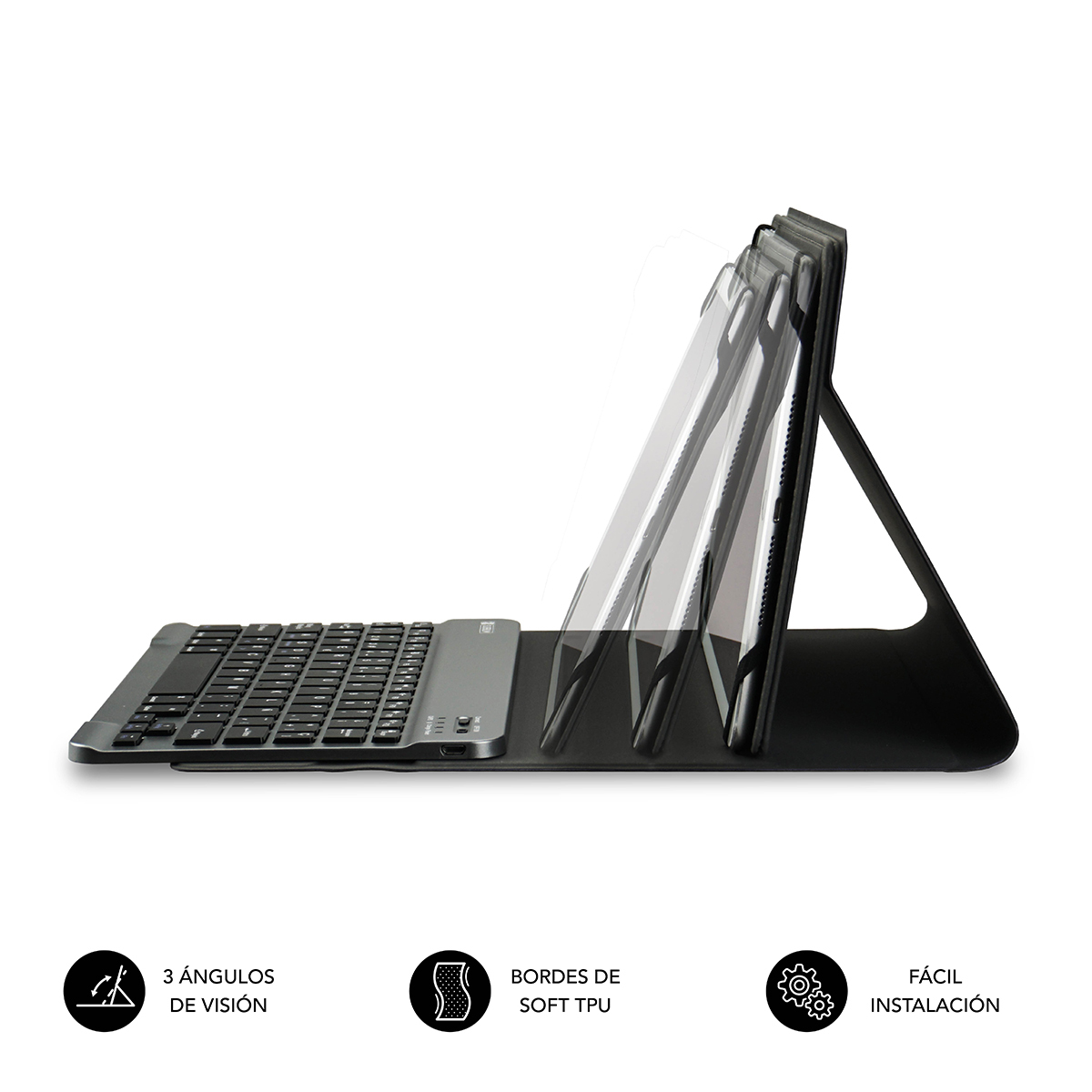 Funda para tableta con teclado, múltiples ángulos de visión e instalación fácil.