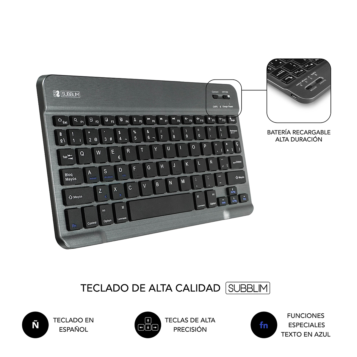 Teclado inalámbrico gris con teclas negras, toma de detalle de un puerto de carga. La palabra Subblim está escrita en él.