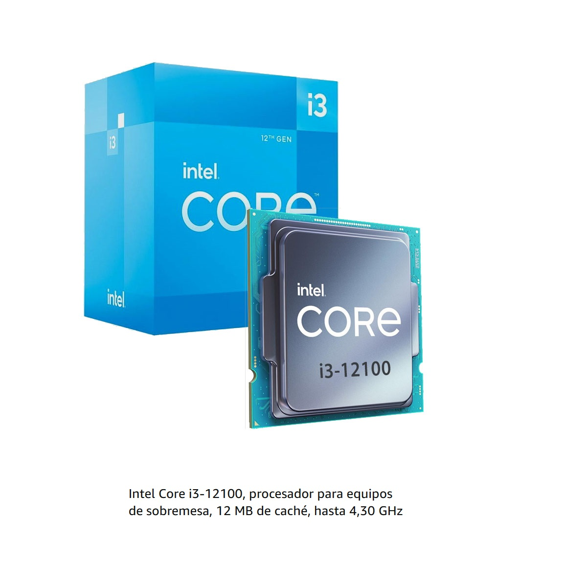 Procesador Intel Core i3 y caja. El procesador tiene texto: i3-12100, 12.ª Gen.