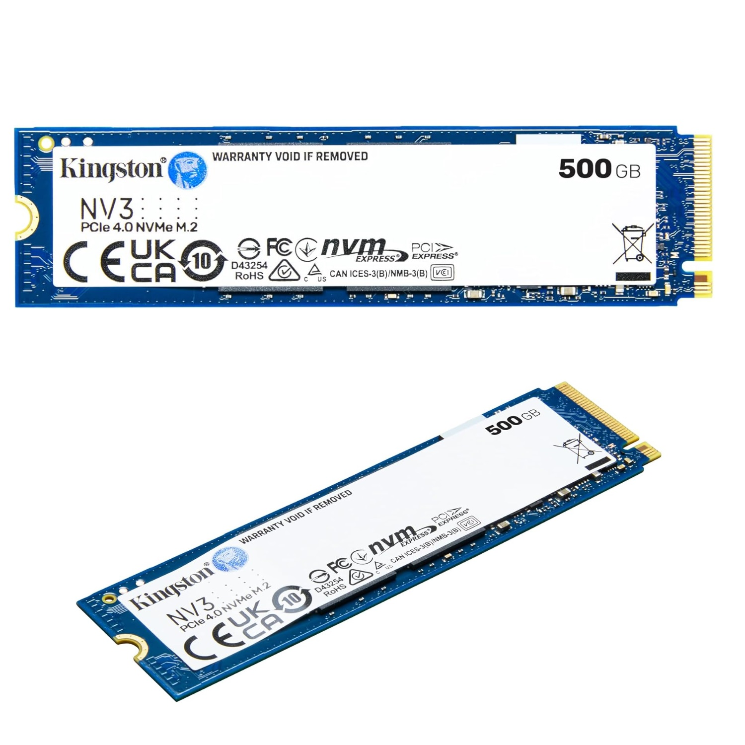Dos unidades SSD Kingston NV3 de 500 GB, una con la etiqueta hacia arriba y otra en ángulo.